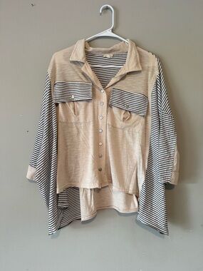POL Neutral Beige Button-Up Top with Black & White Striped Sleeves